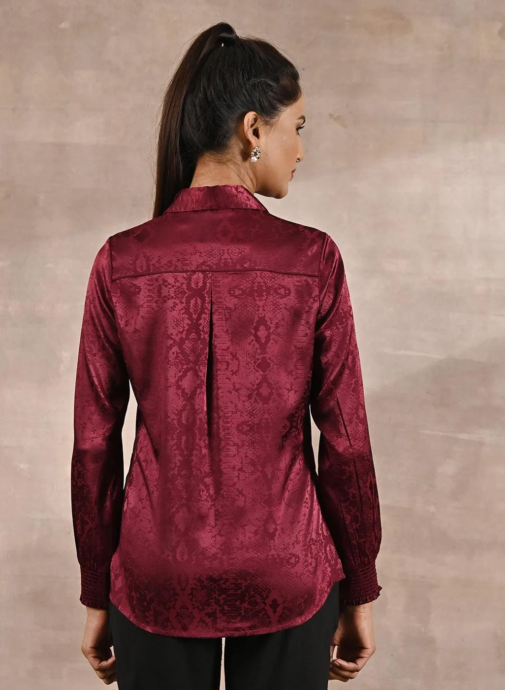 Maroon Aztec Printed Satin Shirt with Gathered Sleeves