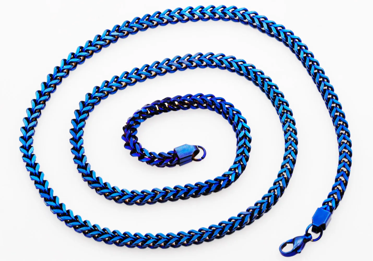 Mens 4mm Blue Stainless Steel Franco Link Chain Necklace