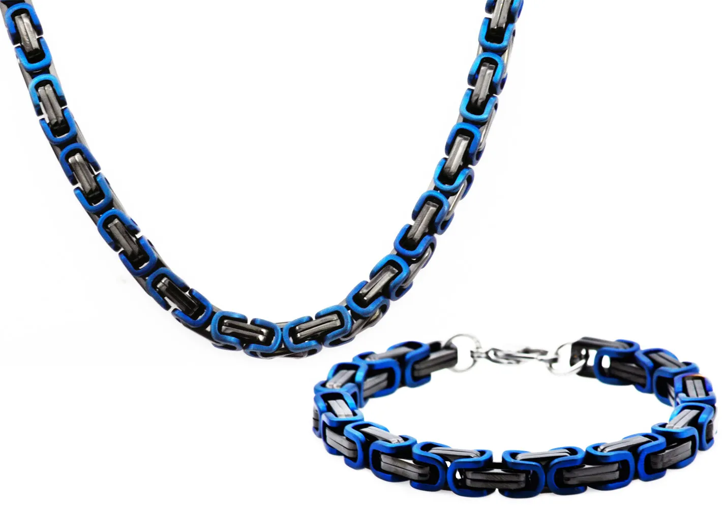 Mens Black And Blue Stainless Steel Byzantine Link Chain Set