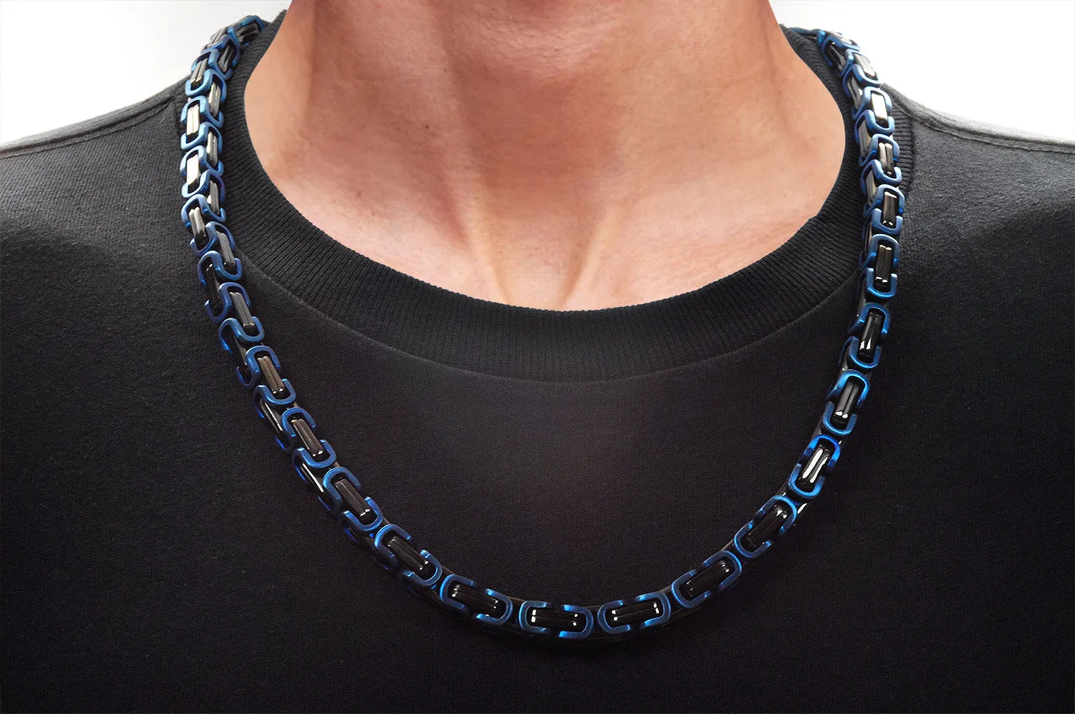 Mens Black And Blue Stainless Steel Byzantine Link Chain Set