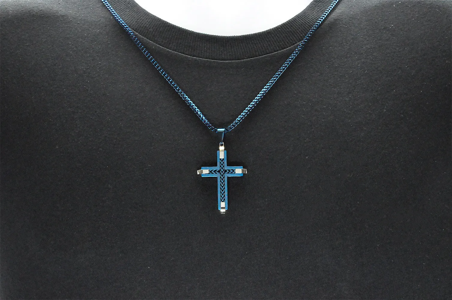 Mens Blue Stainless Steel Cross Pendant Necklace With Franco Link Chain Inlay