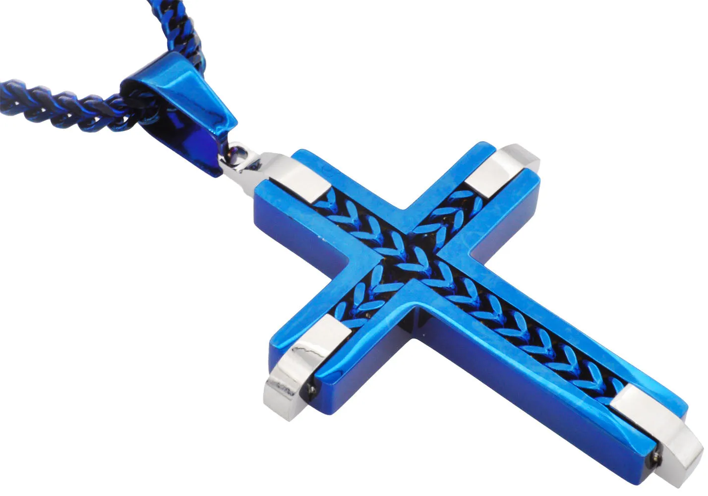 Mens Blue Stainless Steel Cross Pendant Necklace With Franco Link Chain Inlay