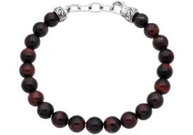 Mens Genuine 8mm Red Tiger Eye Bead Stainless Steel Bracelet