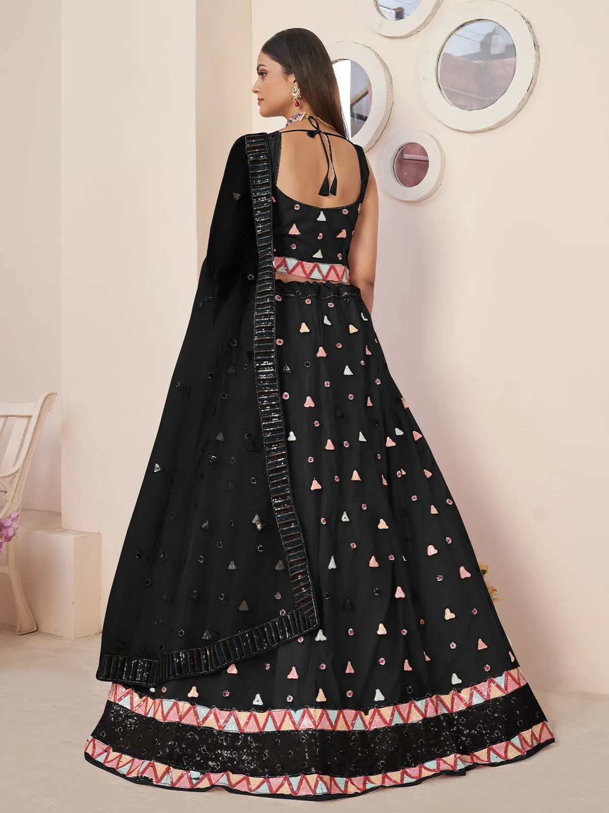 Odette Black Net Embellished Semi Stitched Lehenga With Unstitched Blouse for Women