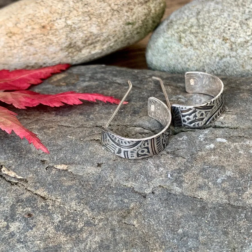 Silver bohemian texture, half hoop earrings