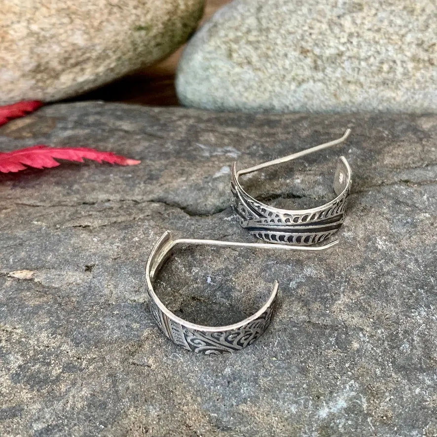 Silver bohemian texture, half hoop earrings