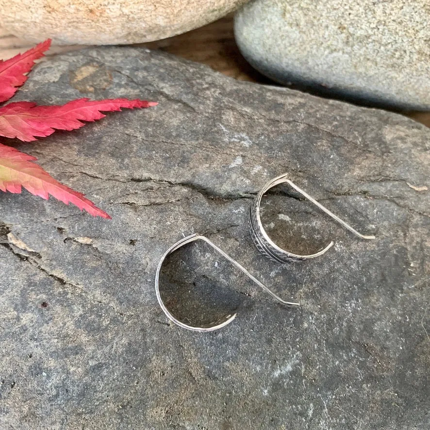 Silver bohemian texture, half hoop earrings