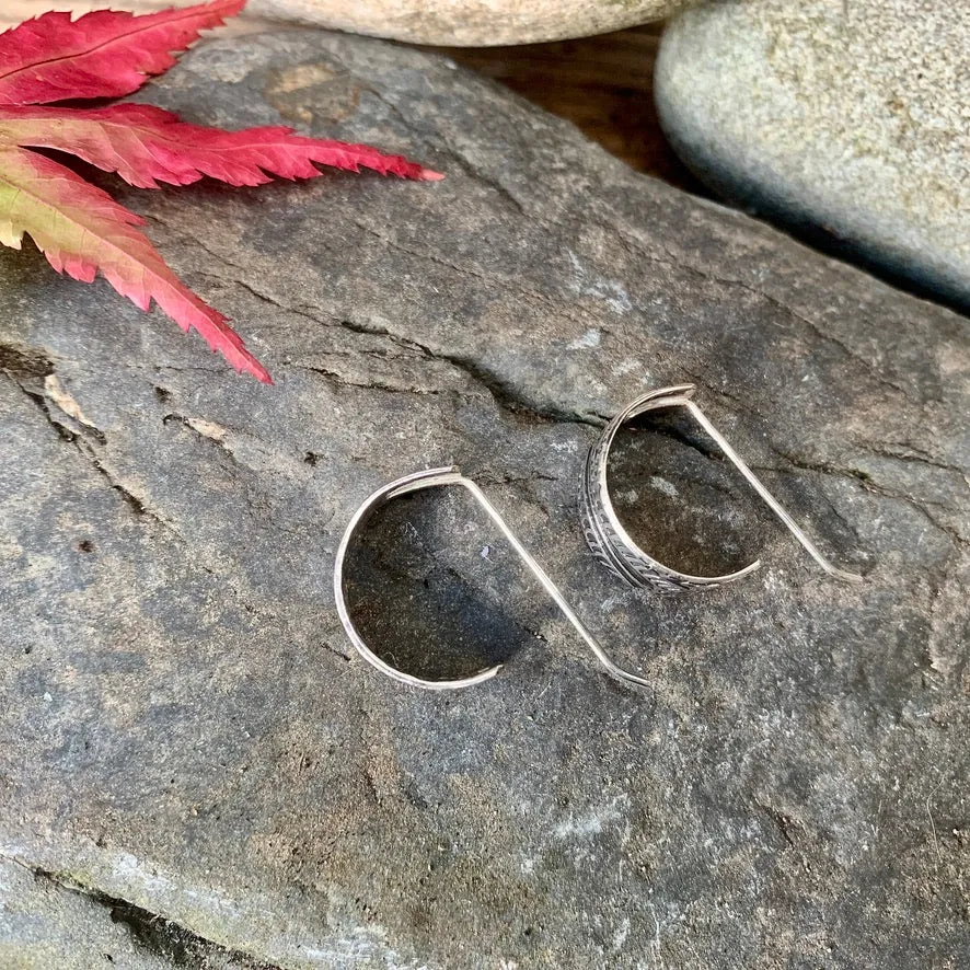 Silver bohemian texture, half hoop earrings