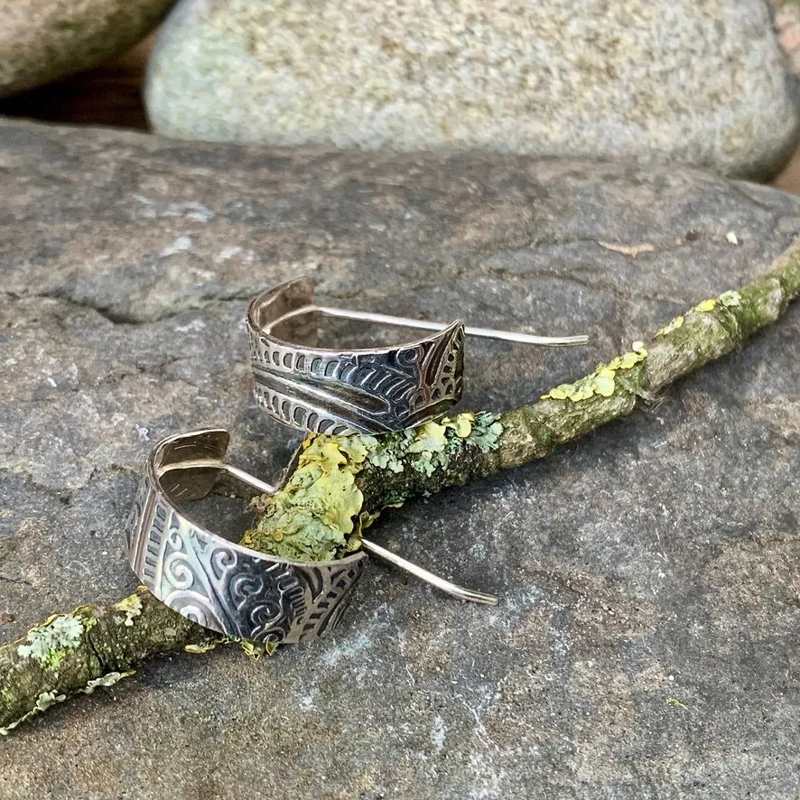 Silver bohemian texture, half hoop earrings