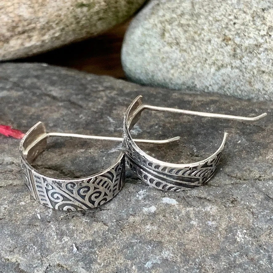 Silver bohemian texture, half hoop earrings