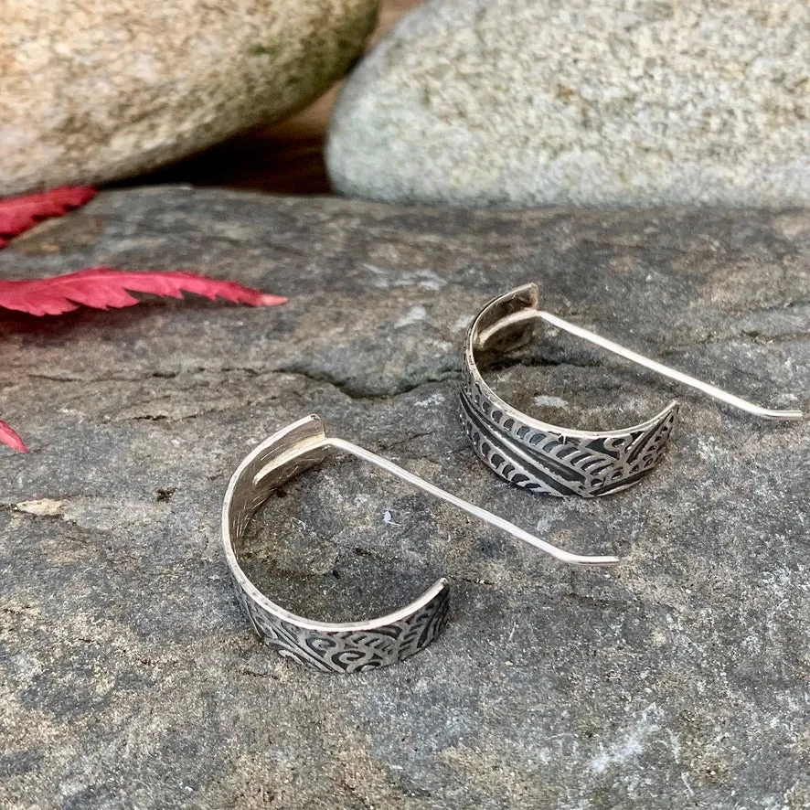 Silver bohemian texture, half hoop earrings