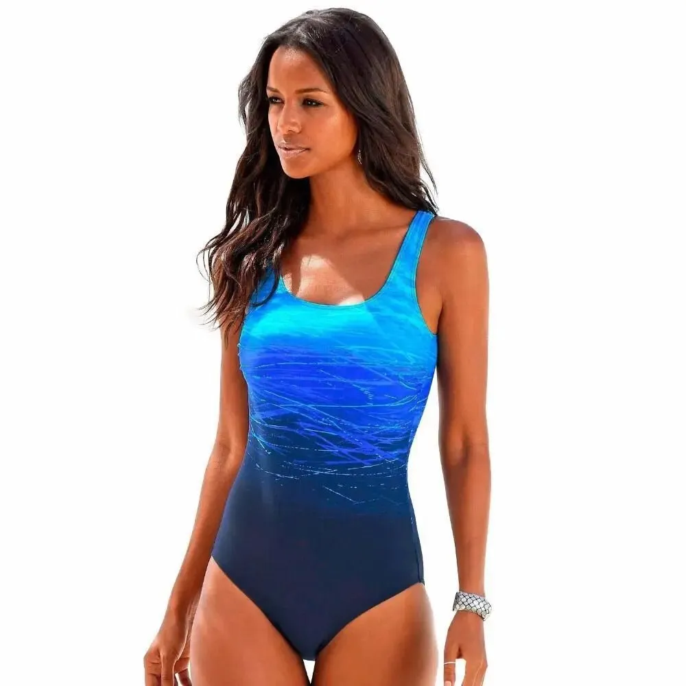 Summer Classic Women Swimwear Plus Size Gradient Cross Back One Piece Swimsuit