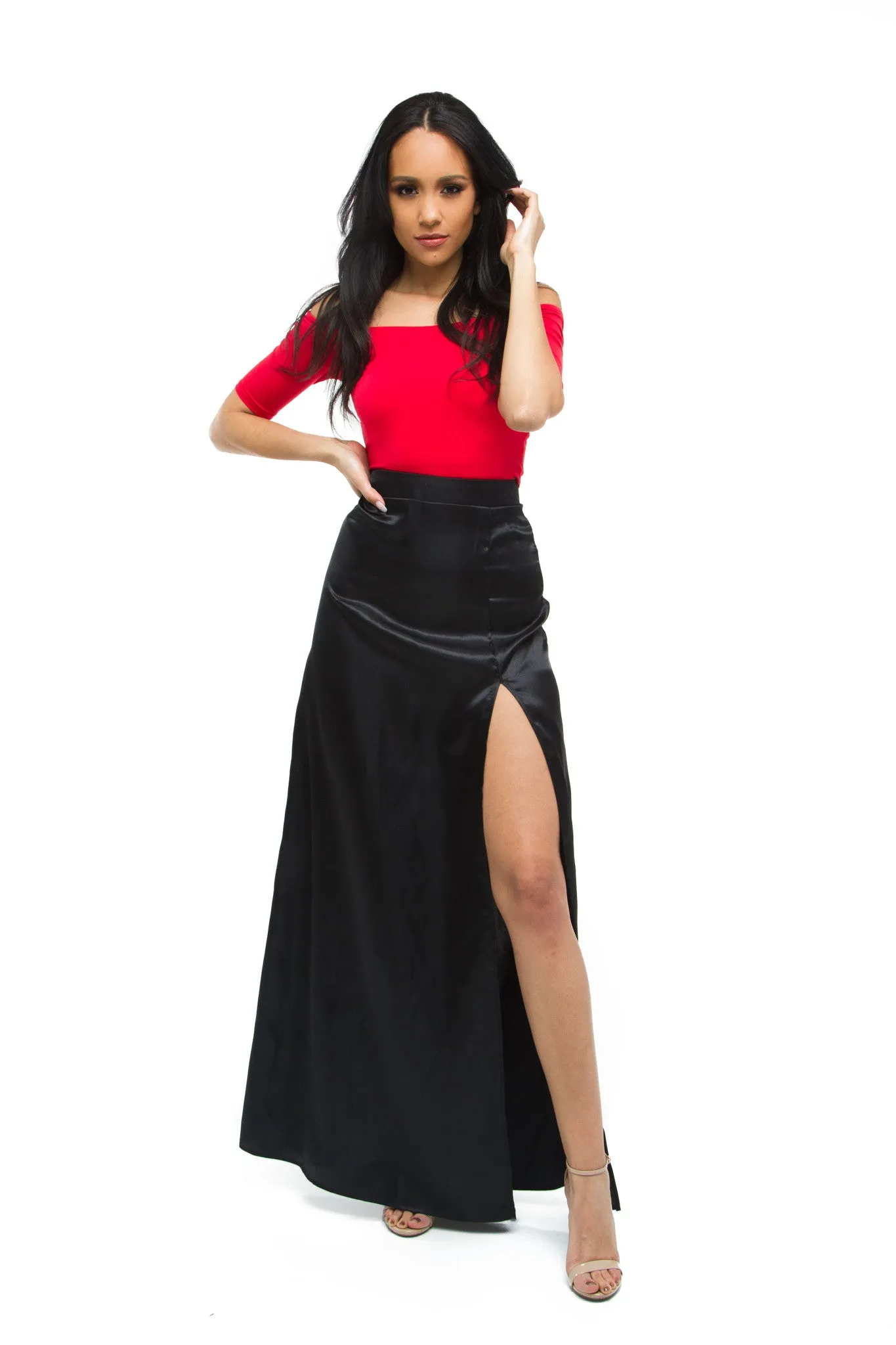 THE MYSTYLEMODE RED OFF THE SHOULDER 3/4 SLEEVE DOUBLE LINED CROP TOP