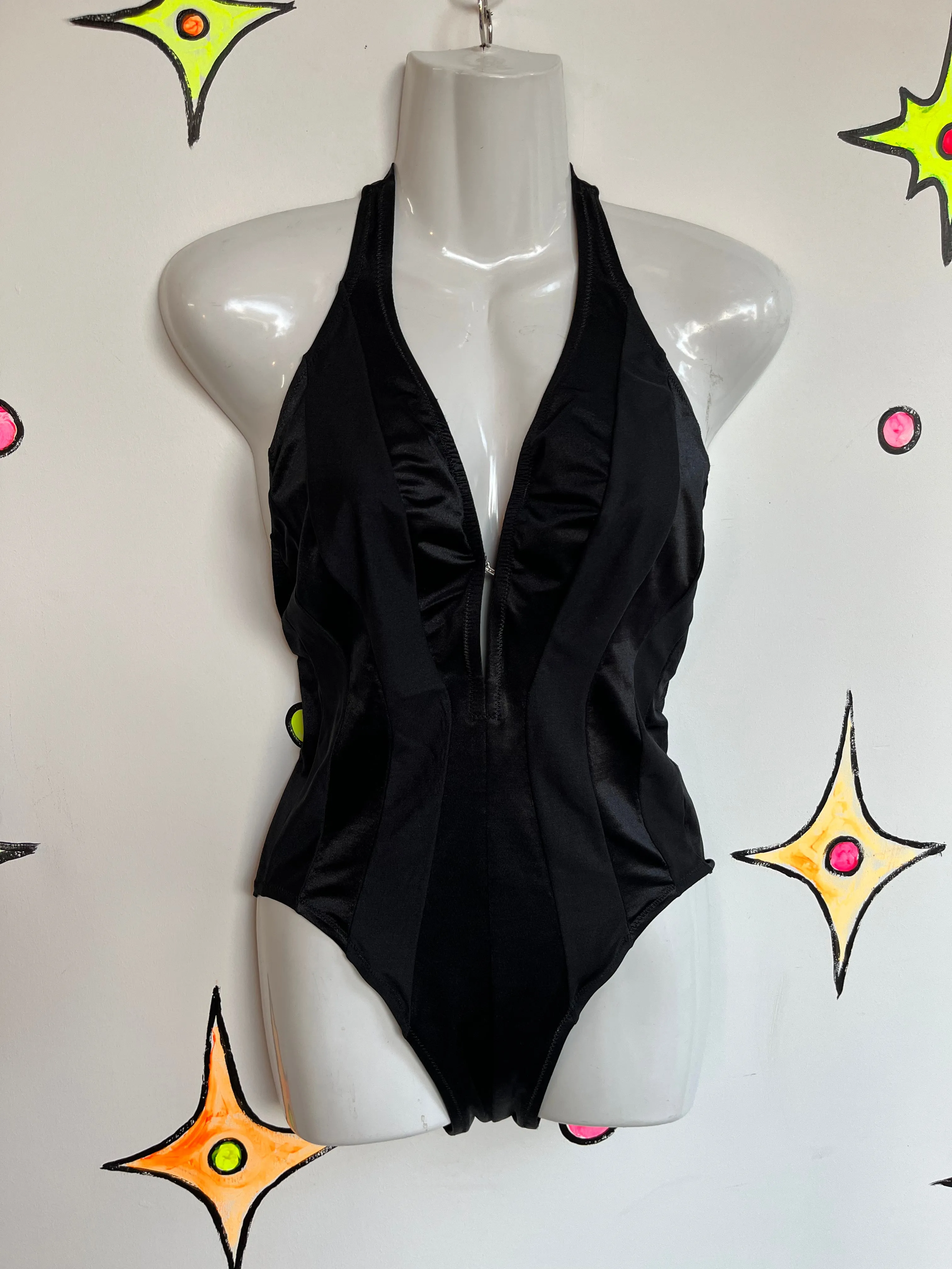 Vintage 70s Black Plunging One Piece Swimsuit Bodysuit Bathing Suit | Small