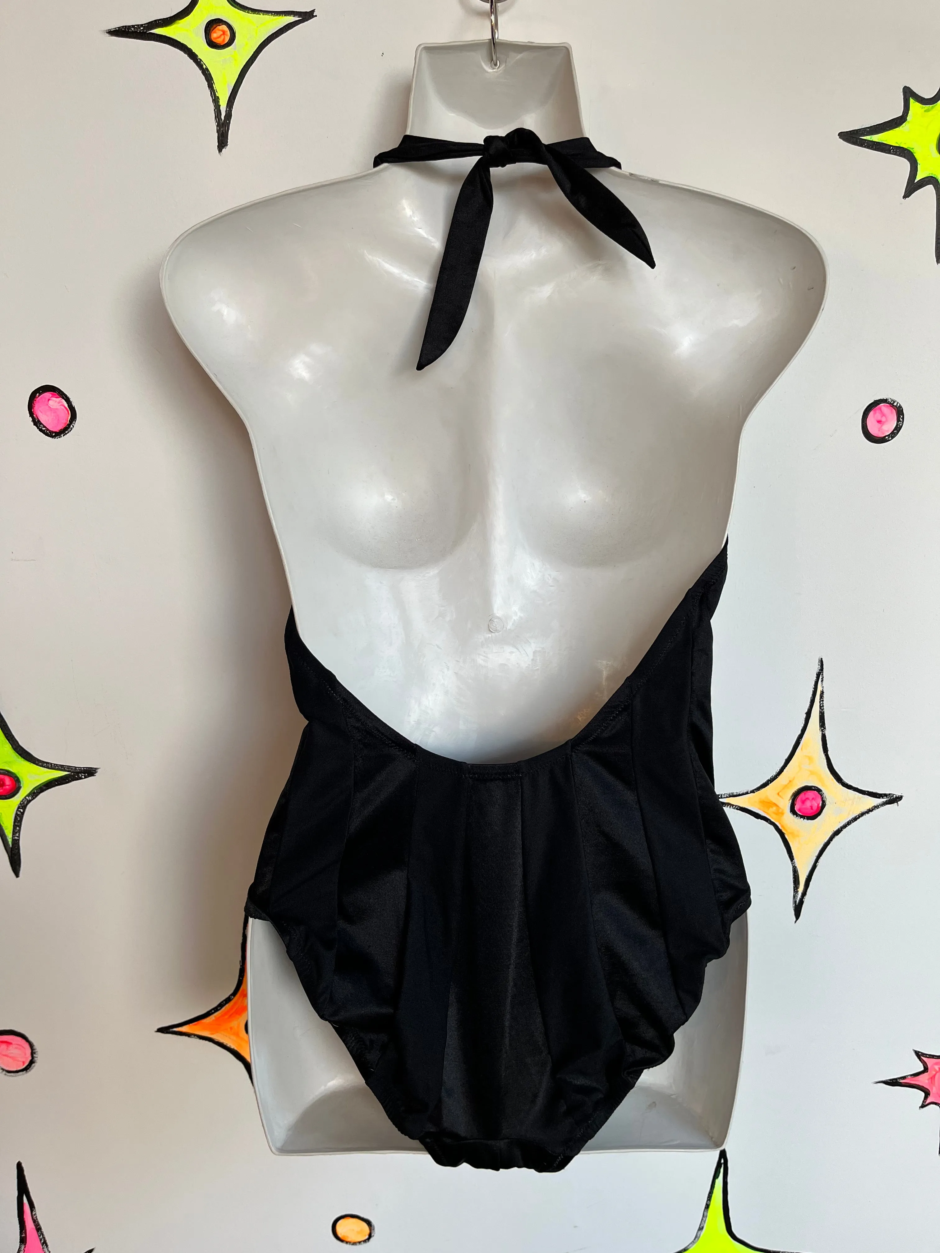 Vintage 70s Black Plunging One Piece Swimsuit Bodysuit Bathing Suit | Small