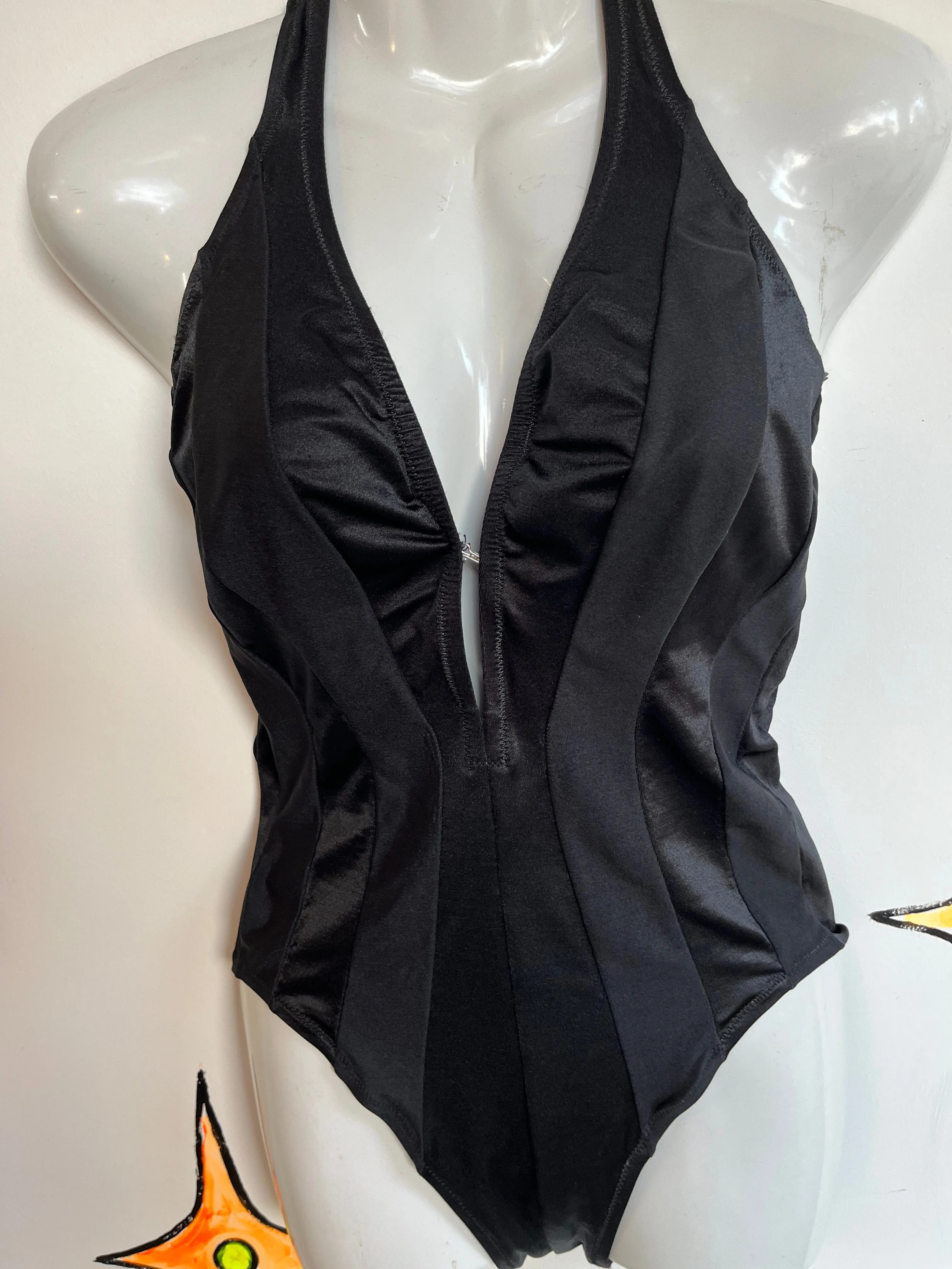 Vintage 70s Black Plunging One Piece Swimsuit Bodysuit Bathing Suit | Small