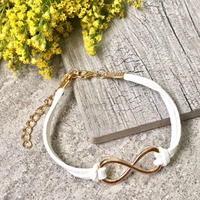 WHITE GENUINE SUEDE LEATHER INFINITY BRACELET / ETERNITY FRIENDSHIP BAND