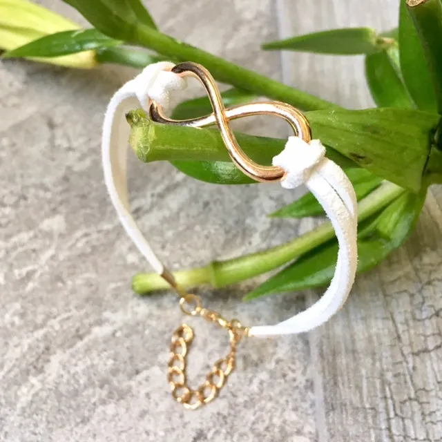 WHITE GENUINE SUEDE LEATHER INFINITY BRACELET / ETERNITY FRIENDSHIP BAND